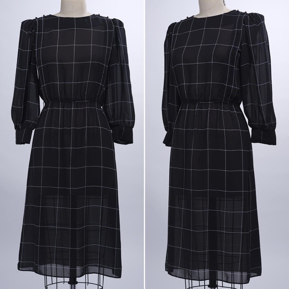 80s B&W Windowpane Print Chiffon Dress - Picture 1 of 5
